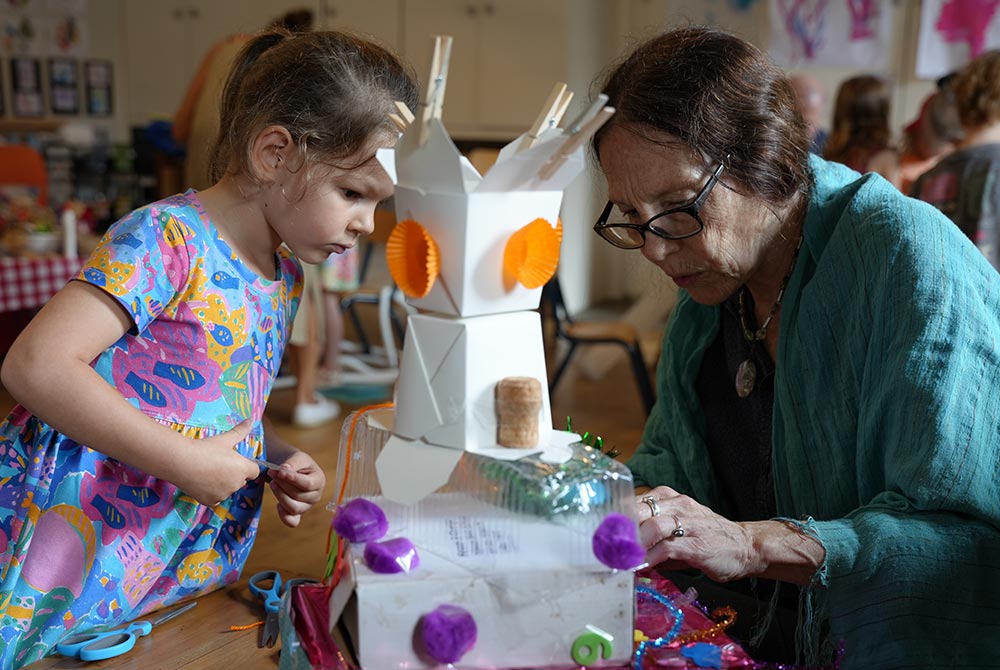 Woman and child working together