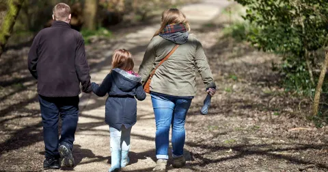Family walking in the woodlands